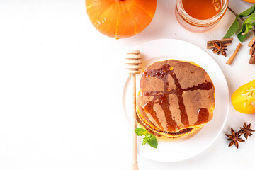 Autumn breakfast dessert, pumpkin pancakes