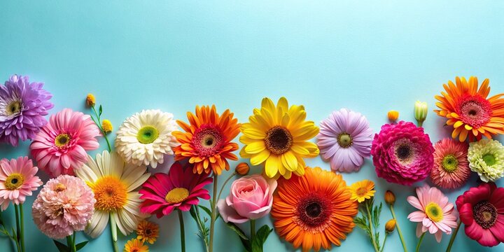 Minimalist multi colored flower background with blooming flowers, various species