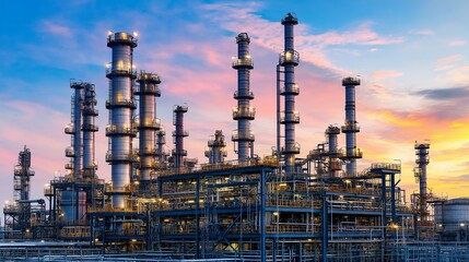 Industrial complex at sunset with tall towers and pipelines