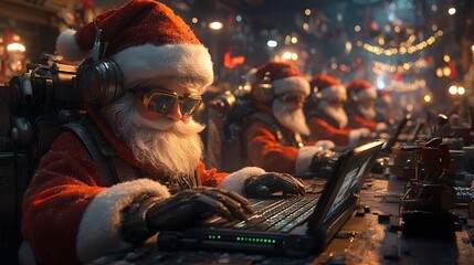 Modern Santa's workshop with elves using technology and computers