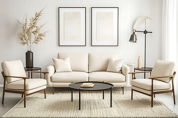 Modern Interior of Stylish Living Room ,Wall Mock Up, Frame , Poster with Beautiful Background, 3d render