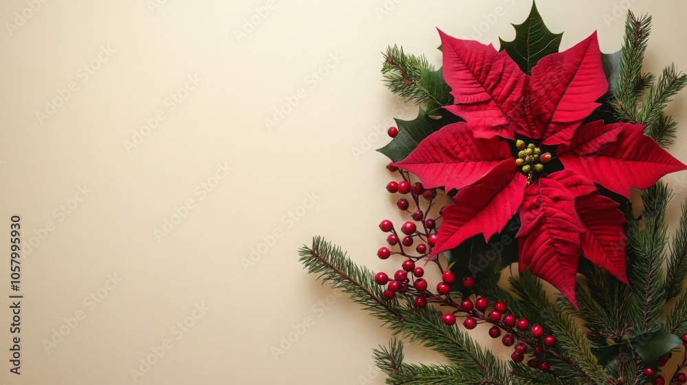Poster A red poinsettia and evergreen branches with red berries arranged on a cream background. The poinsettia is on the right side of the image with a few evergreen branches extending to the left.