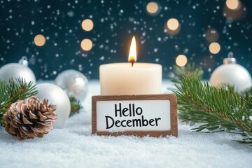 A candle with pine cones and evergreen branches, text "Hello December" on the surface of snow-covered ground, white Christmas ornaments around, beautiful light in the background Generative AI