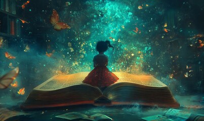 Book of imagination with a girl, Education learning dream hope inspiration concept, surreal painting. Fantasy art, conceptual artwork, happiness of child