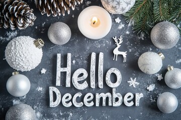 Christmas-themed background with pine cones, white Christmas balls, and a silver deer silhouette on a candle in a grey color with the text "Hello December" Generative AI