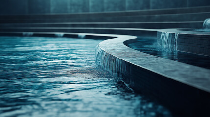 curved, dark gray stone water feature with cascading water