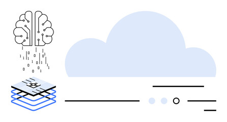 Brain symbol dispersing data onto a chip, connected to a large cloud graphic. Ideal for AI, data processing, cloud computing, technology innovation, digital transformation, data storage