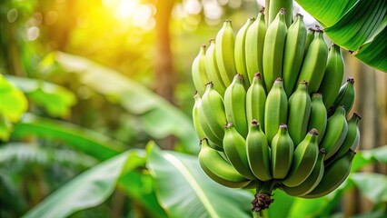 Minimalist view of raw green bananas in garden with leaf background