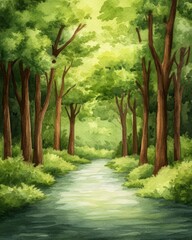 Naklejka premium A watercolor illustration of a forest path with a stream.