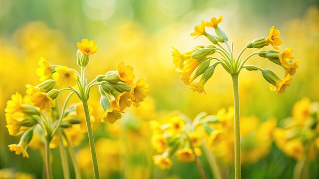 Minimalist yellow flowers of cowslip primrose, also known as common cowslip, Primula veris