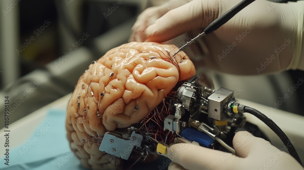 Poster A scientist carefully examines a lifelike human brain model in the laboratory, using specialized tools to investigate neural connections and brain functions. The atmosphere is focused and technical.