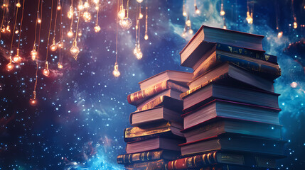 Books stacked under starry sky with hanging lights and cosmic elements cosmic literature theme with mystical atmosphere. Surrealist Dreamscape. Illustration