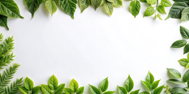 Minimalistic stock photo of leafy border on white background with leaves in foreground