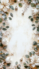 Obraz premium Floral Christmas frame with white flowers and greenery on a soft ivory background, creating a serene, festive border.