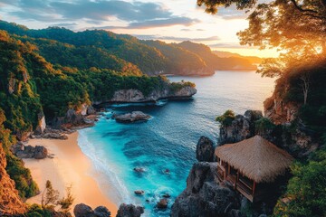Idyllic aerial view of turquoise cove with cliffs and beach symbolizing tropical paradise adventure and scenic beauty for travel lovers