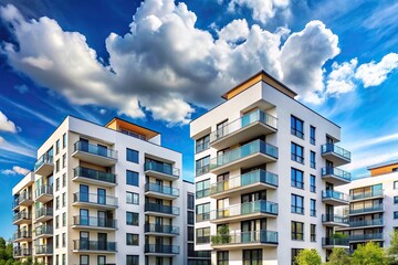 Fototapeta premium Modern apartment buildings against blue sky with white clouds