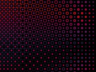 A black background features a repeating pattern of red and purple circles and squares, creating a vibrant and dynamic abstract design.