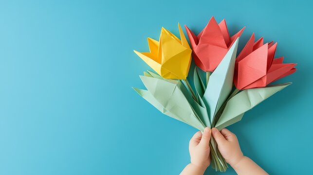 Beautifully Crafted Origami Flower Bouquet on Turquoise Background