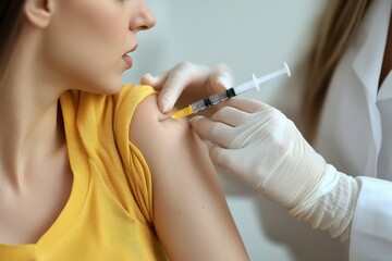 Healthcare professional giving arm injection to young woman in clinical setting representing vaccination patient care and precision in sterile medical environment
