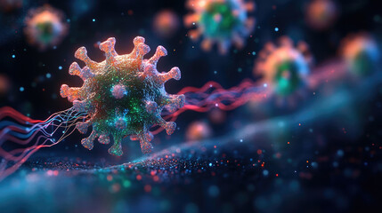 The image showcases a vibrant depiction of a virus amid dynamic strands of genetic material, highlighting scientific research