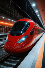 Fototapeta premium The red high-speed train stands ready on the platform, glowing under bright lights, surrounded by a bustling city atmosphere at dusk