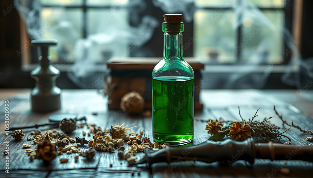 Wall mural green magic potion bottle on a wizard table. herbal medicine with dried ingredients on the table bac