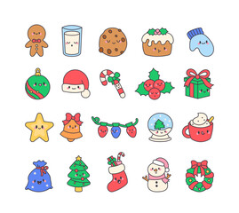 Christmas holiday kawaii icons bundle with festive characters and cute decorations for winter illustrations