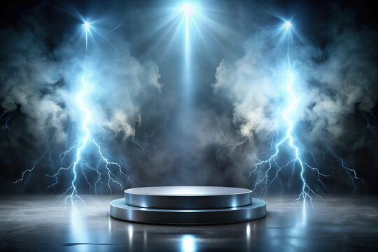 Modern podium with lighting and smoke effects reflected