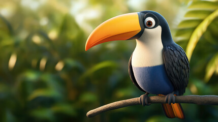 Fototapeta premium Colorful cartoon toucan perched on a branch in a lush green jungle environment