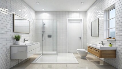 Fototapeta premium Modern white clean toilet bathroom with shower tiles wall tiles and floor tiles