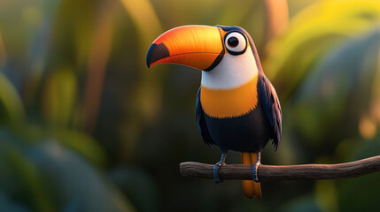 Fototapeta premium Colorful cartoon toucan perched on a branch in a stylized jungle setting with soft focus background and warm lighting.
