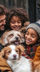Happy Family Embracing Dogs in Urban Setting