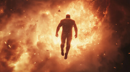 Obraz premium person floats mid-air, surrounded by fiery explosions and flames