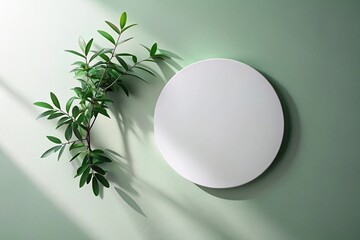 Monochrome wall with white round mockup and soft shadows from green branch at a tilted angle