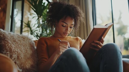 Young Woman Reading a Book in a Cozy Indoor Setting