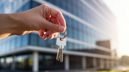 A hand holds a set of keys with a ring in front of a modern glass and concrete building, blurred in the background, with sunlight.