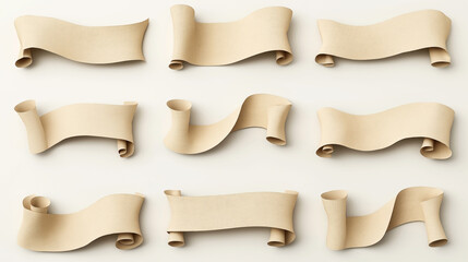 Set of nine tan scrolls with textured surfaces and various curled edges on a light background.