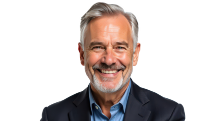 Portrait of a smiling old senior man, stylish mature man, looking at camera, happy face, isolated on transparent background, horizontal