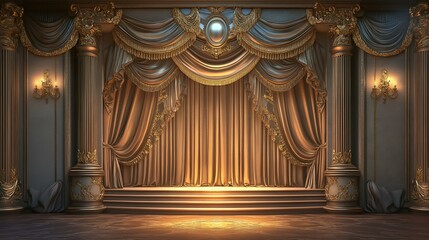 Classic theater curtain with embroidery, soft folds, warm lighting, royal atmosphere