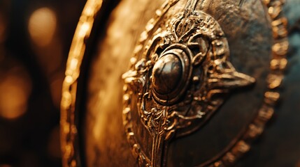 A close-up of an ornate shield, showcasing intricate designs and metallic textures.