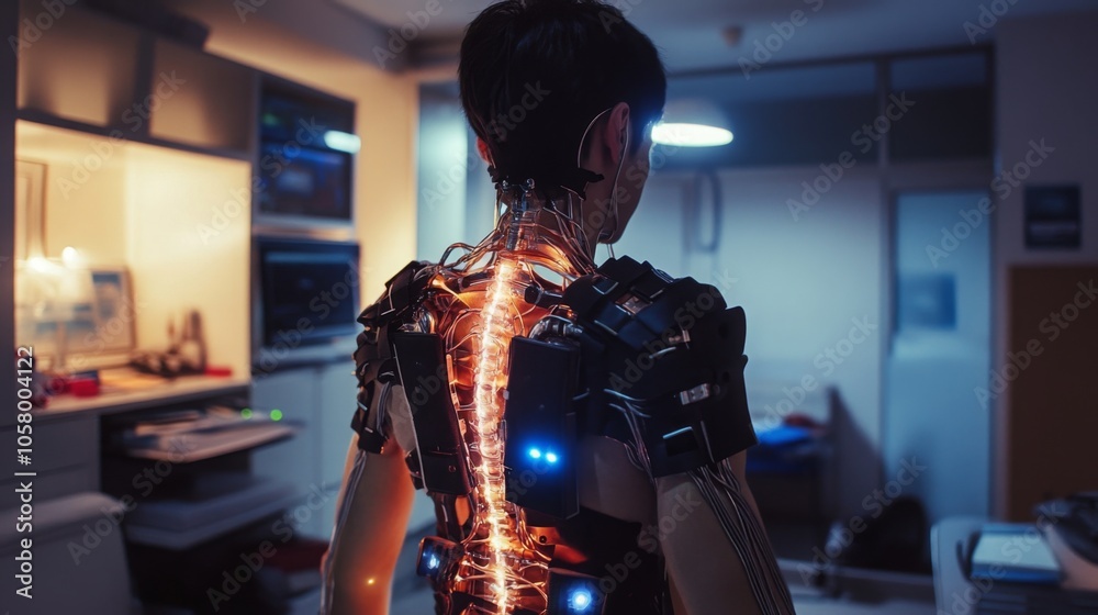 Poster a humanoid robot stands in a sleek laboratory, showcasing a glowing spine.