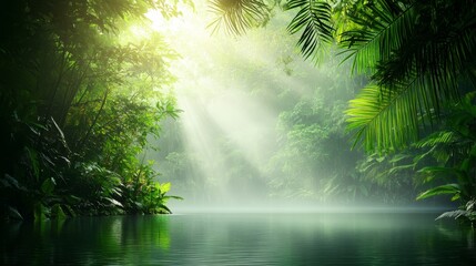 Serene Tropical Forest with Sunlight Over Water