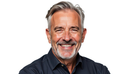 Obraz premium Portrait of a smiling old senior man, stylish mature man, looking at camera, happy face, isolated on transparent background, horizontal