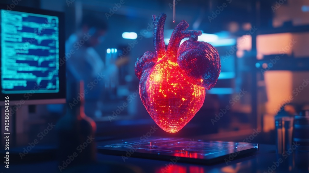 Poster A red, glowing heart is suspended above a table in a laboratory. The heart is illuminated from within and is surrounded by a blue glow. There is a blurred figure in the background.