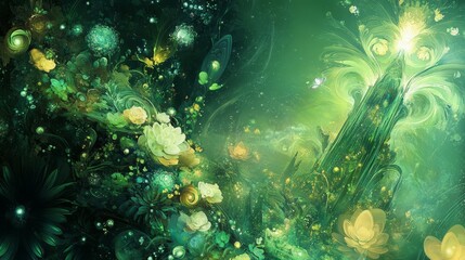 Fototapeta premium Ethereal Green Fantasy Landscape with Blooming Flowers