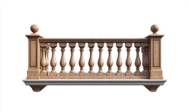 Isolated white background wooden balcony railing with columns
