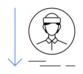 Profile avatar inside a circle next to a blue downward arrow with black horizontal lines. Ideal for user profiles, navigation hints, download options, guidance, app interfaces, instructional guides