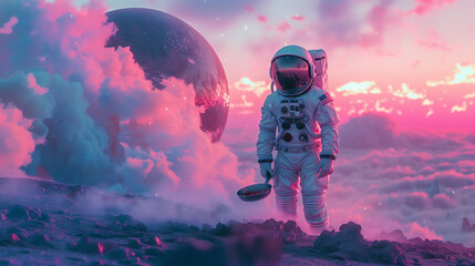 Cosmic chef: astronaut with a pot cooking lunch in outer space