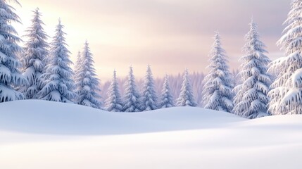Snow-covered pine trees stand majestically under a pastel winter sky, AI