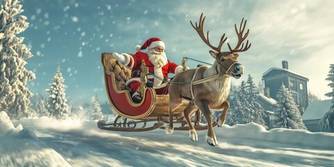 Santa Claus riding in a sleigh pulled by a reindeer Christmas Festive Winter created by ai